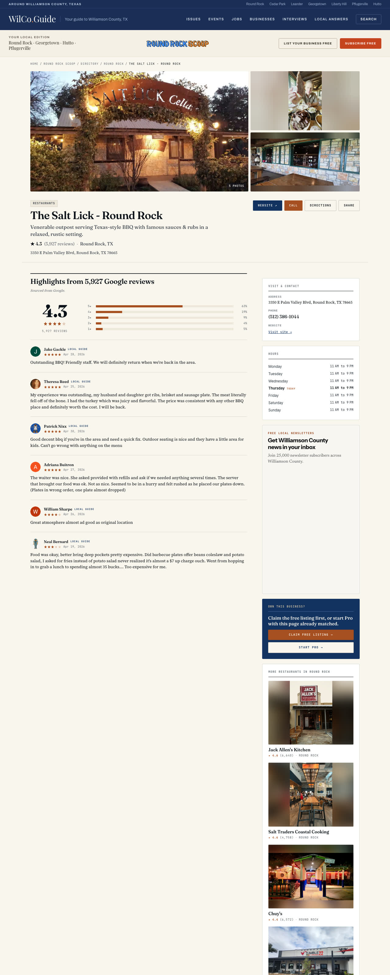 A business profile page on WilCo Guide, built by larkfeed